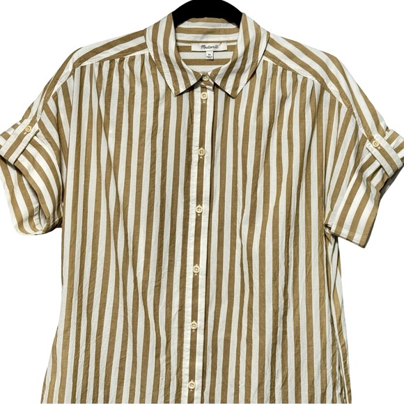 Madewell Collared Button Front Mini Tan Striped Cotton Poplin Shirt Dress XS - Picture 6 of 15